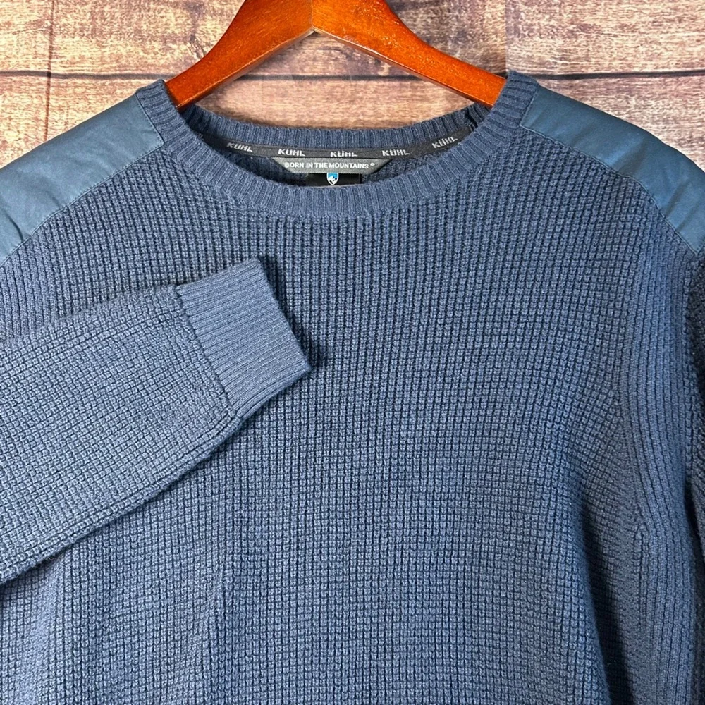 Kuhl Evader Sweater Mens Size L Navy Blue Merino Wool Crewneck Pullover **Hole